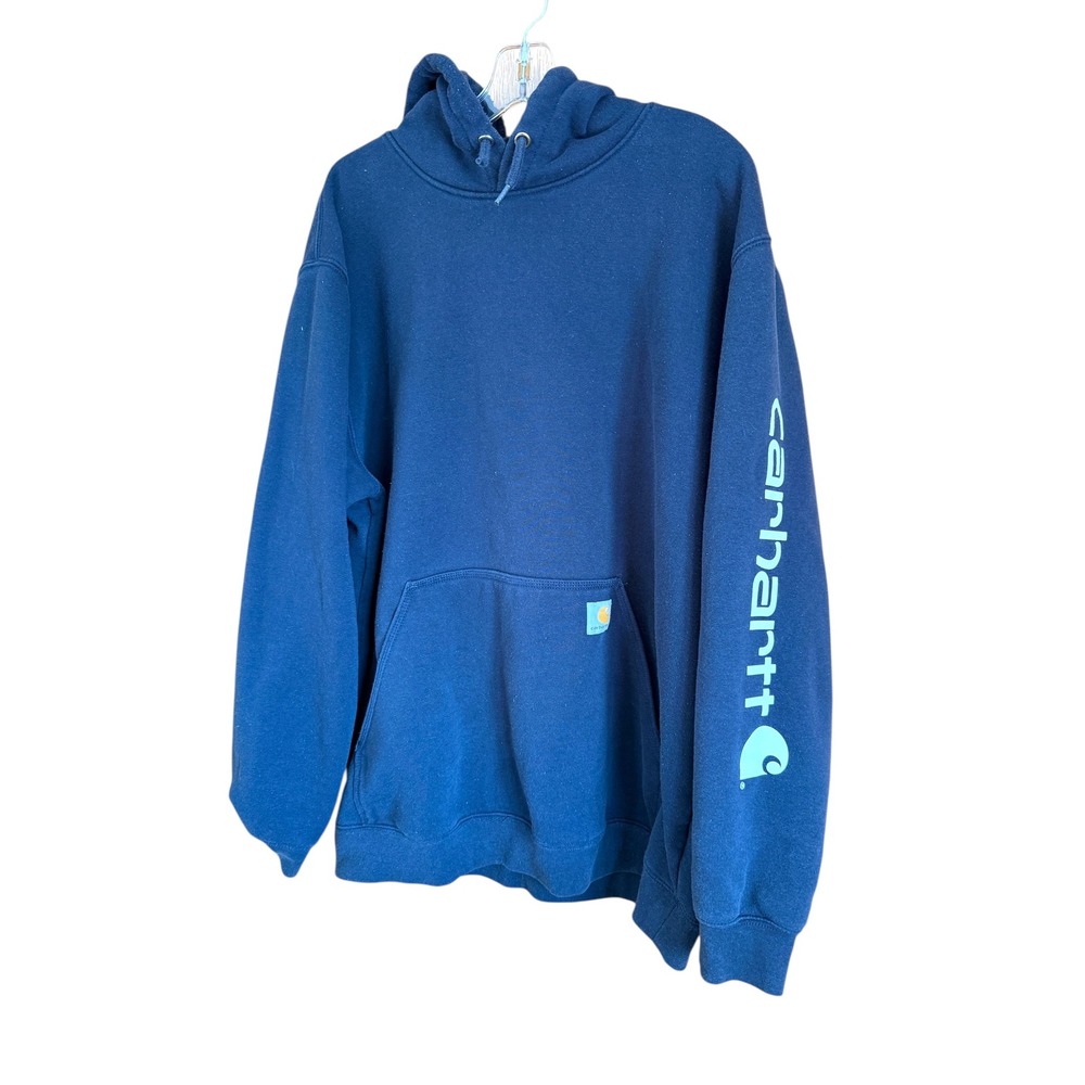 Carhartt Hoodie XL Loose Fit Navy Blue Spell Out Logo Sleeve‎ Sweatshirt